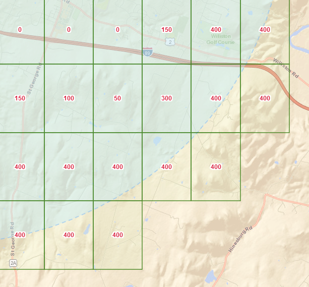 Map showing grid spaces with numbers ranging from 0 to 400